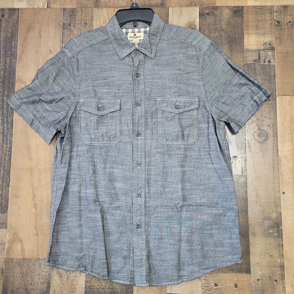 Woolrich Gray Chambray Short‎ Sleeve Button Down Shirt Casual Cotton M/M
